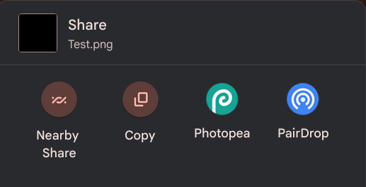 A screenshot showing the ChromeOS share menu with various share targets, some which are PWA's. The targets are from left to right Nearby Share, Copy, Photopea, & Pairdrop