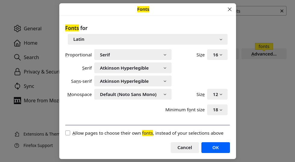 Firefox settings - fonts