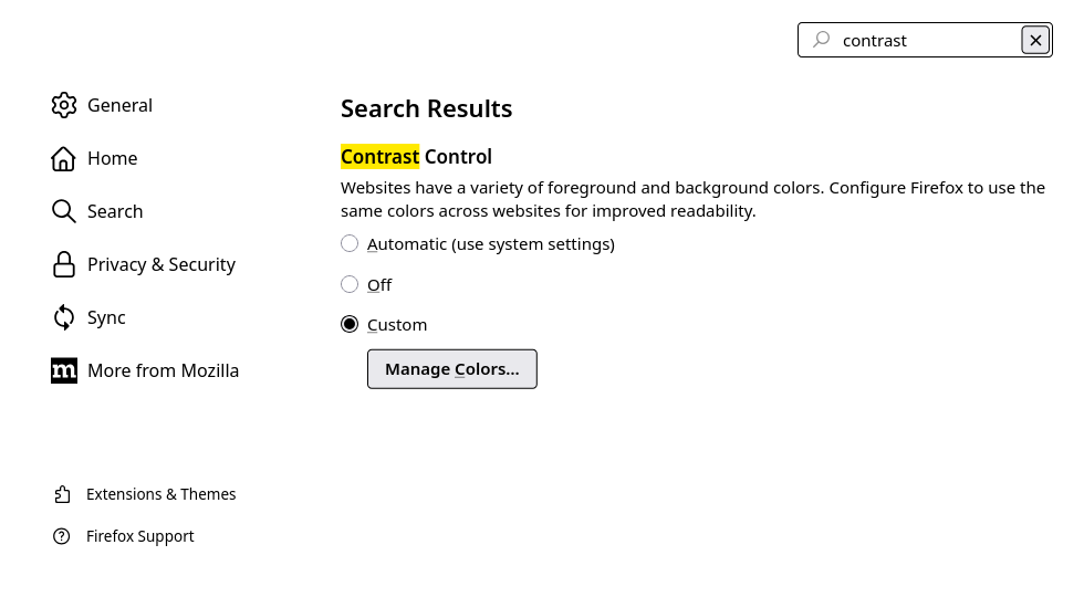 Firefox settings - contrast control