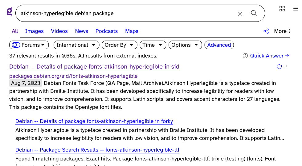 Kagi results page with high contrast and custom font