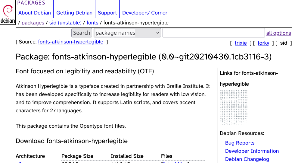Debian package page for fonts-atkinson-hyperlegible, also with high contrast and custom font