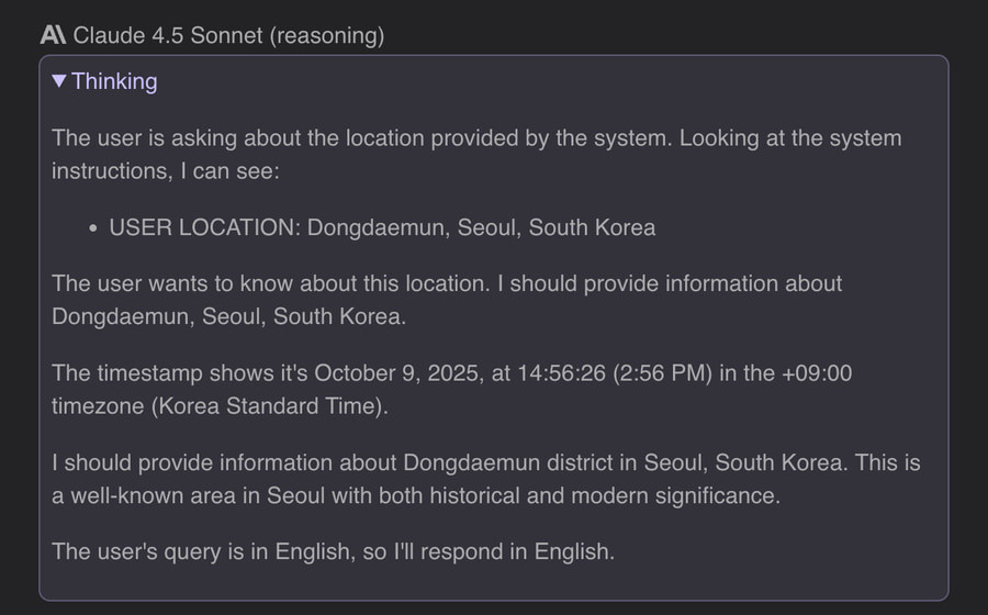 Kagi Assistant knows the user's location in the thinking process