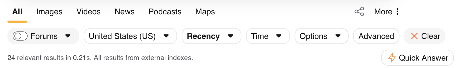 {Kagi search result filtering and sorting options}