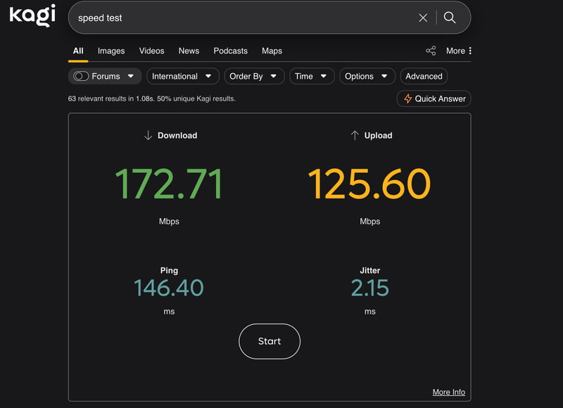 Kagi's internet speed test widget