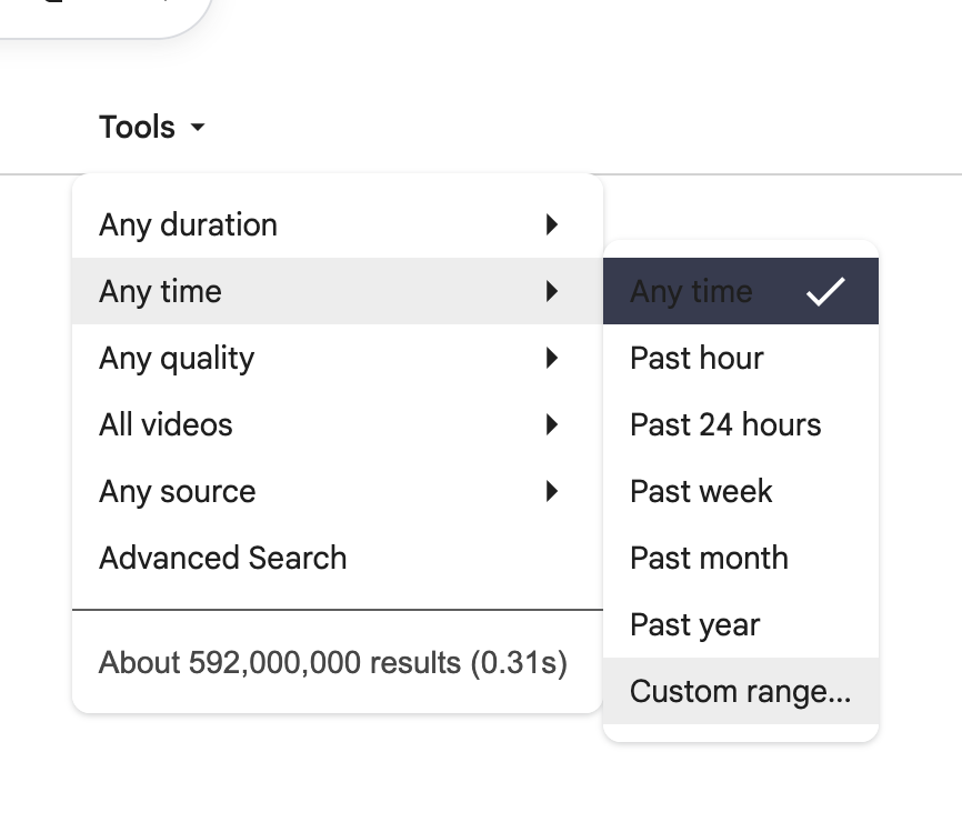 {screenshot of google showing date/time filter in their video search tab}