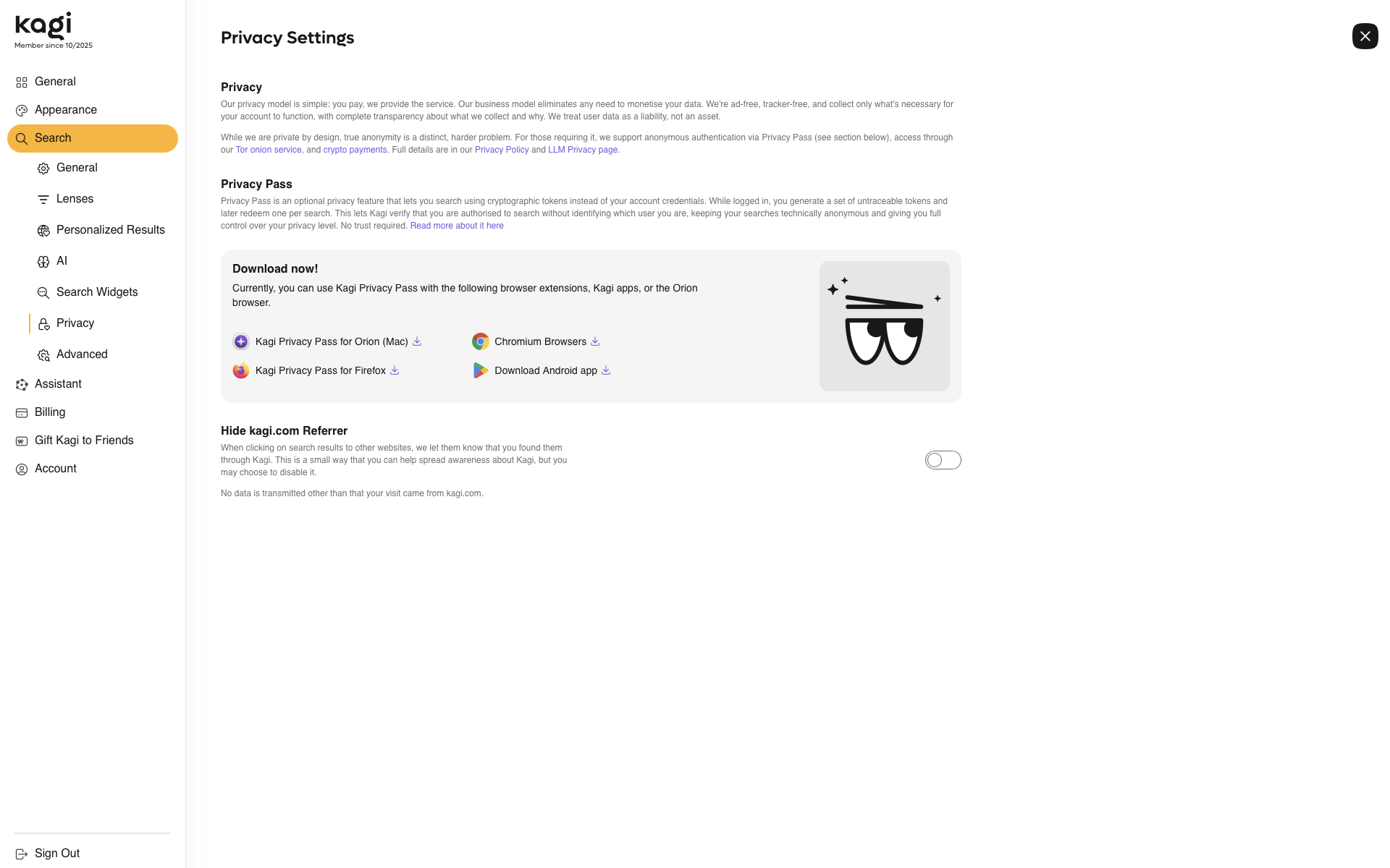 A screenshot of the Kagi Privacy Settings page, showing information about Kagi's privacy policy, Privacy Pass feature, and options to download Kagi Privacy Pass for various browsers and Android. There's also a section for 'Hide kagi.com Referrer' with a toggle switch.