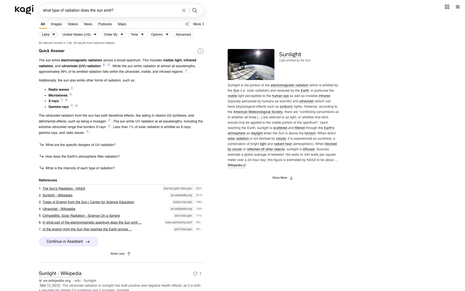 A screenshot of Kagi search results for what type of radiation does the sun emit?'. The quick answer section highlights visible light, infrared radiation, and ultraviolet (UV) radiation as primary emissions, along with radio waves, microwaves, X-rays, and gamma rays. A knowledge panel on the right shows an image of the sun with text about 'Sunlight' and its electromagnetic radiation.