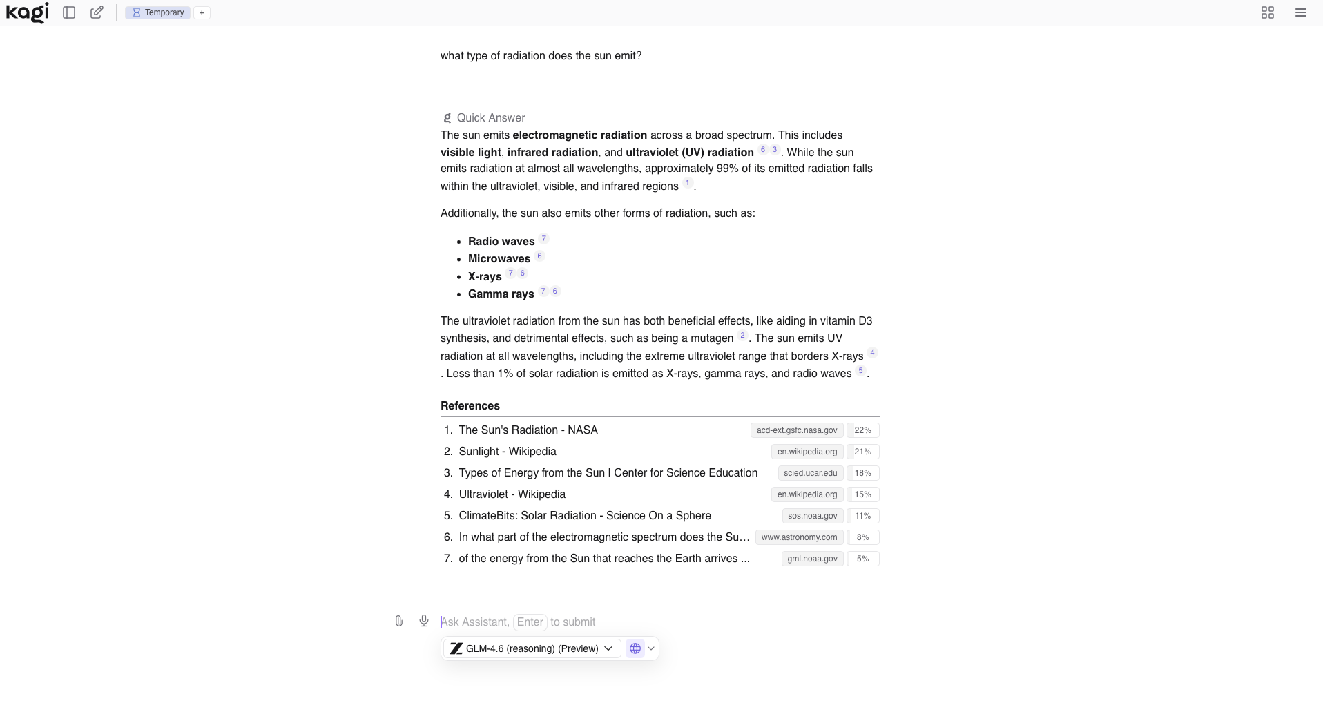 A close-up screenshot of the 'Quick Answer' section from Kagi search results, detailing the types of electromagnetic radiation emitted by the sun, including visible light, infrared, UV, radio waves, microwaves, X-rays, and gamma rays. It also mentions the beneficial and detrimental effects of UV radiation.
