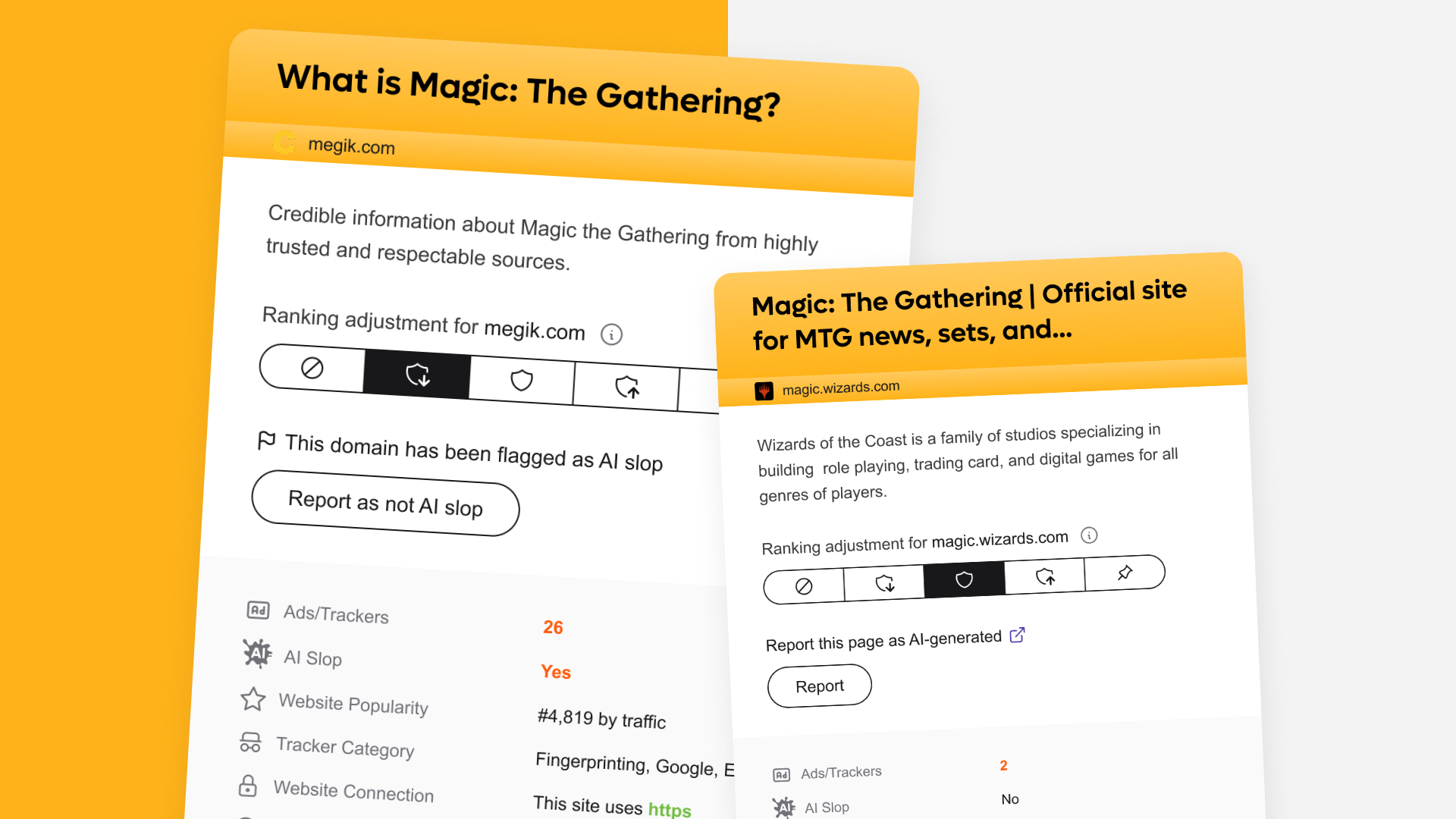 Search results comparing AI slope detection on megik.com versus the official Magic: The Gathering website on magic.wizards.com