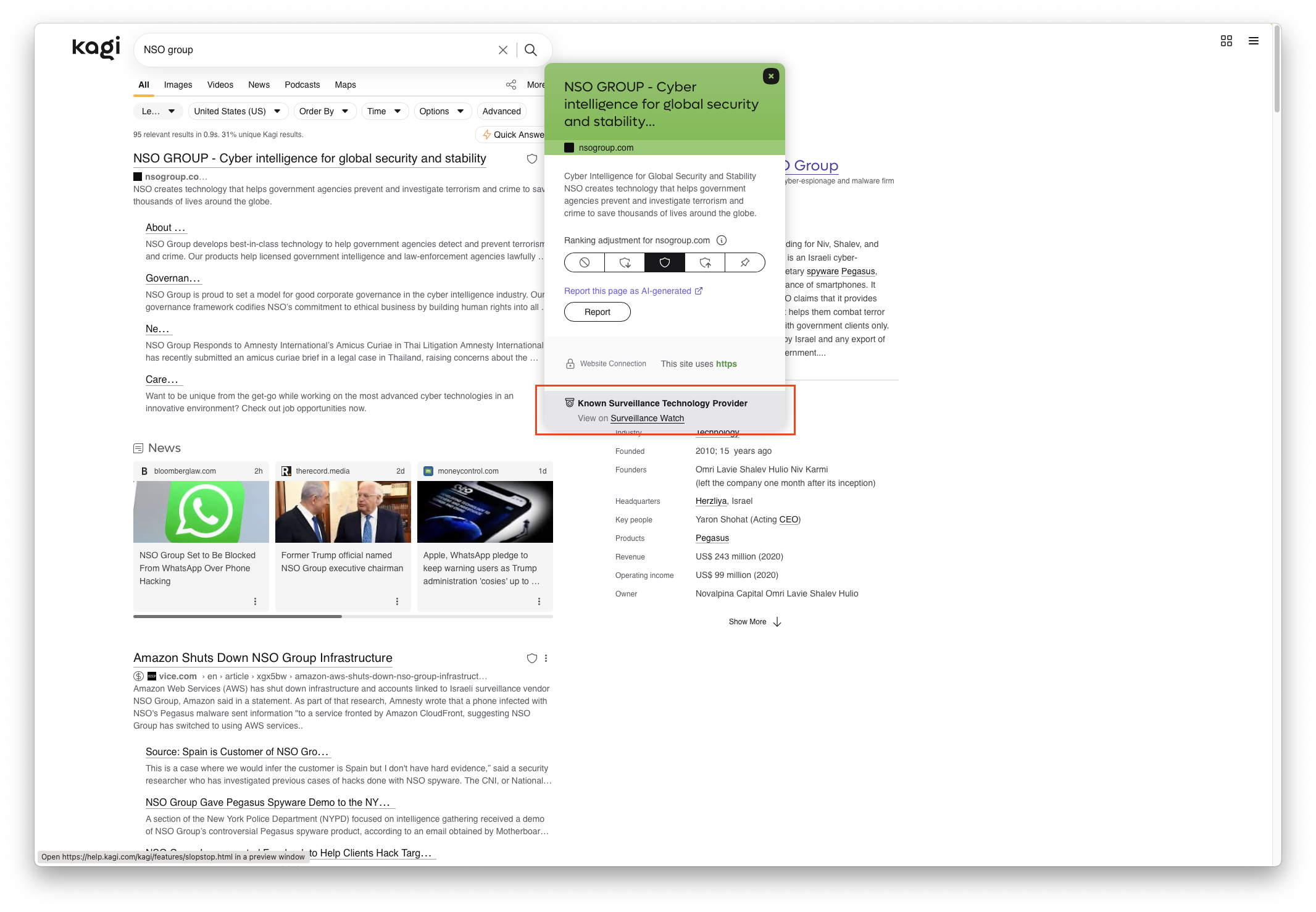 image.png A screenshot of a Kagi search results page for NSO group. The page shows various search results, news articles, and a domain info panel on the right side. The domain panel highlights the label 'Known Surveillance Technology Provider'. This label serves as a classification or warning indicator about the company's role in providing surveillance technology.