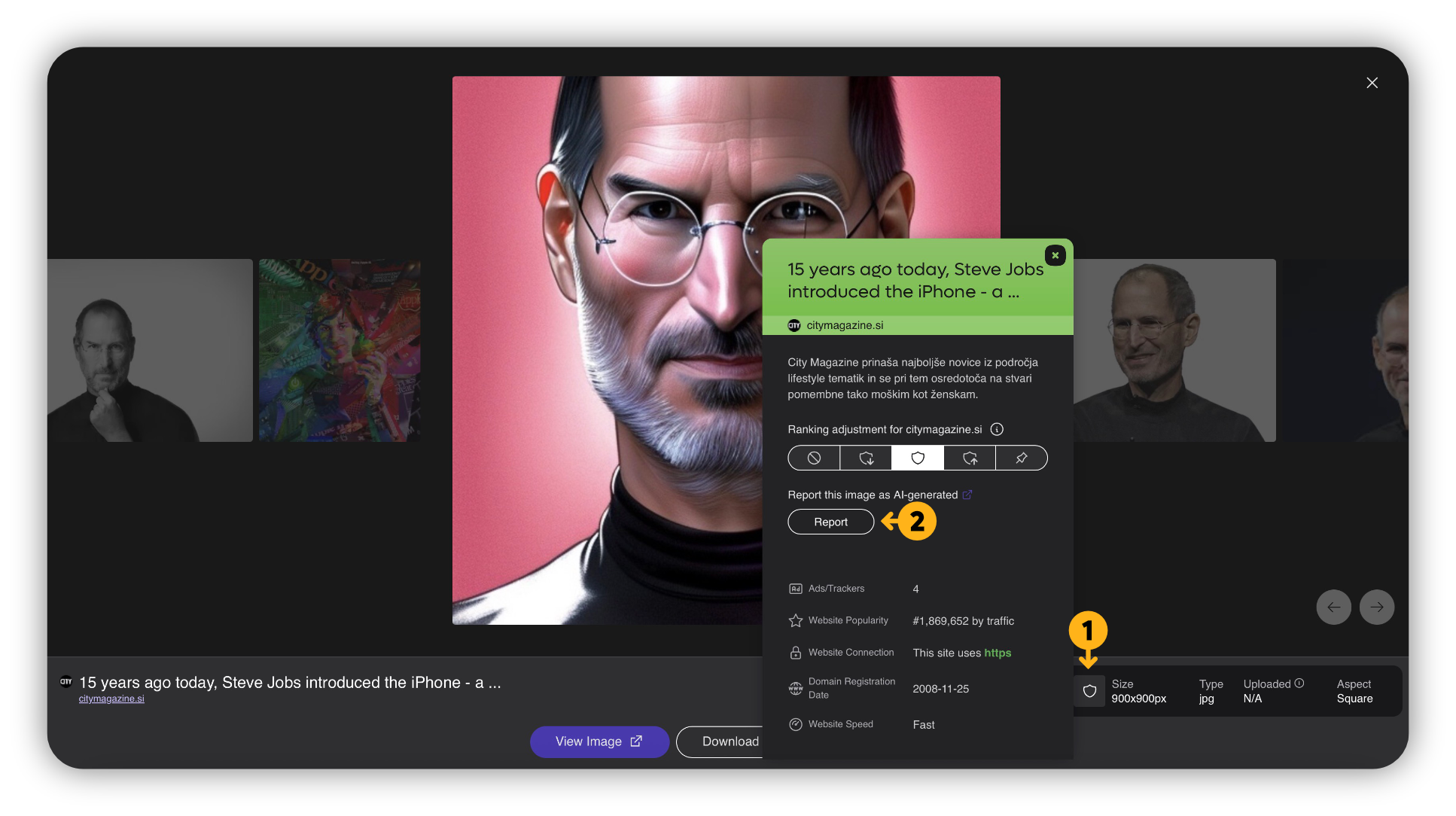 Example of an AI-generated stock image, depicting Steve Jobs, with the option to report the image as AI-generated