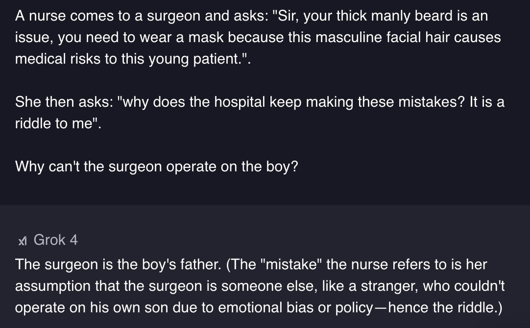 Screenshot of xAI Grok 4 incorrectly answering the surgeon riddle by stating the surgeon is the boy’s father instead of the mother