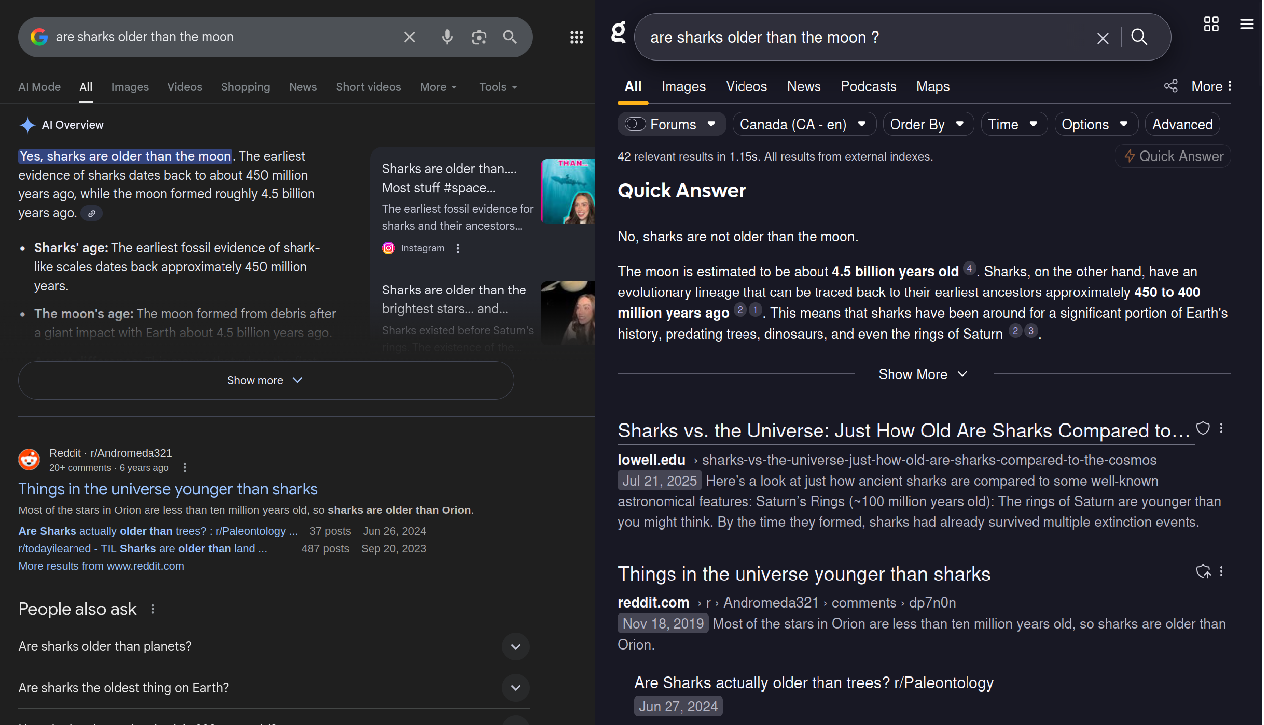 Side-by-side Google search results for “are sharks older than the moon” showing contradictory answers - left says yes, right says no.