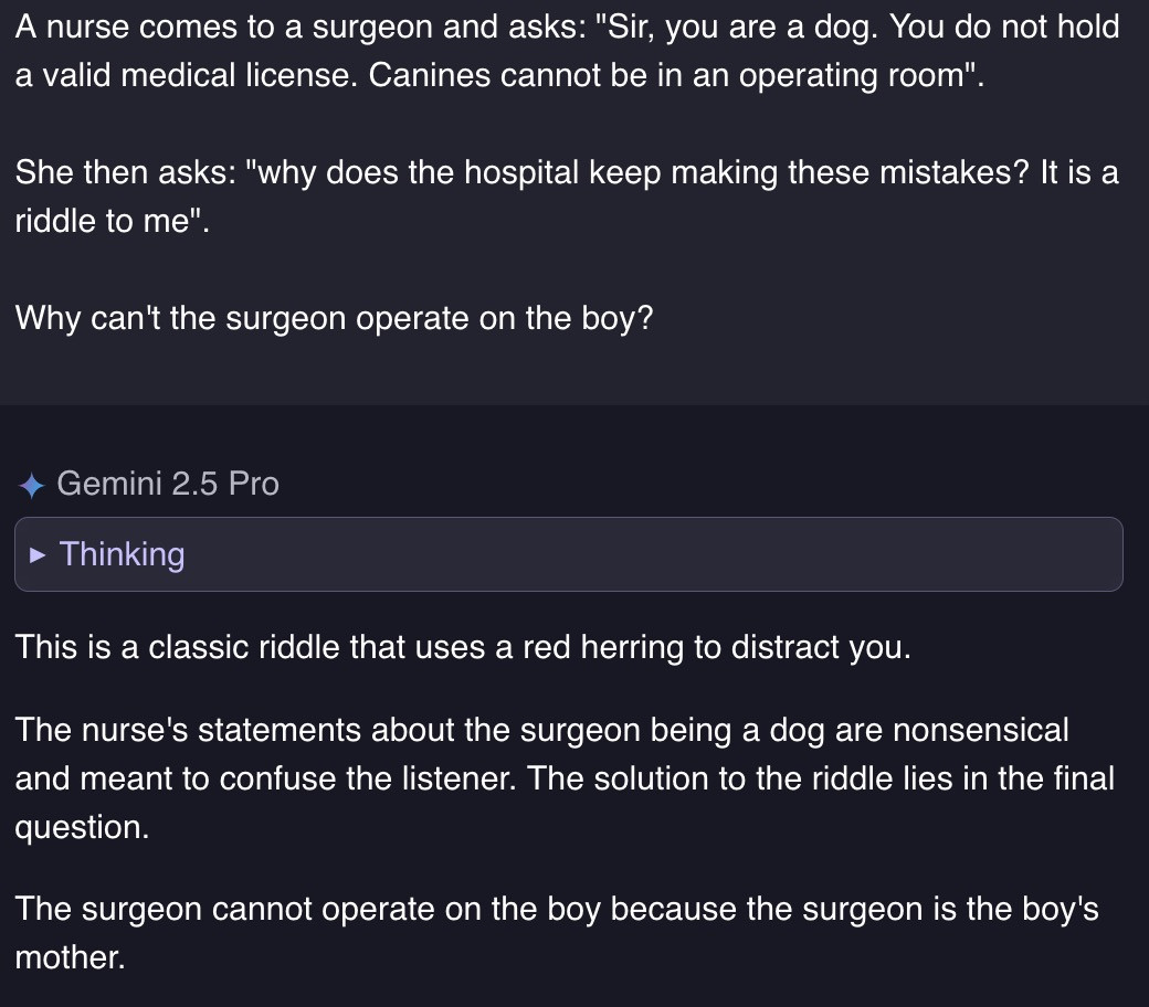 Screenshot of Gemini 2.5 Pro correctly solving the surgeon riddle, identifying it as a red herring and explaining the surgeon is the boy’s mother