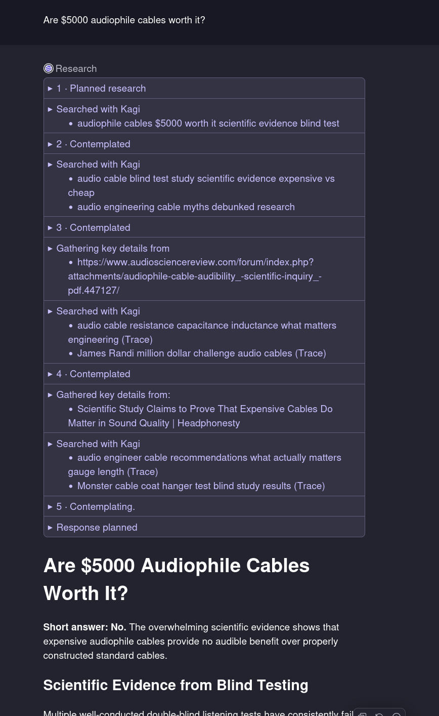 Screenshot showing Kagi search results for audiophile cable research, displaying search queries and sources including Reddit discussions and scientific studies about expensive cables.