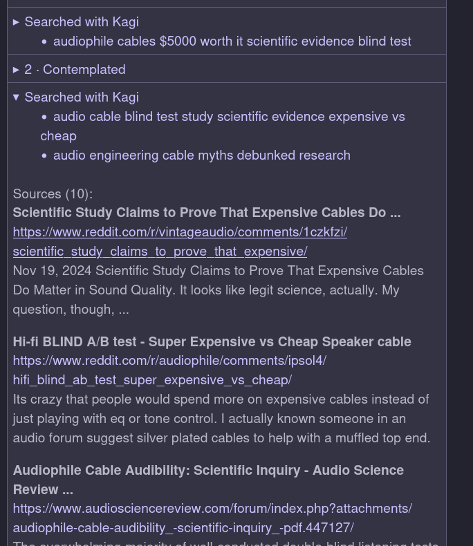 Screenshot of Kagi Assistant research process for “$5000 audiophile cables worth it” showing planned research steps, searches conducted, and sources gathered including blind test studies