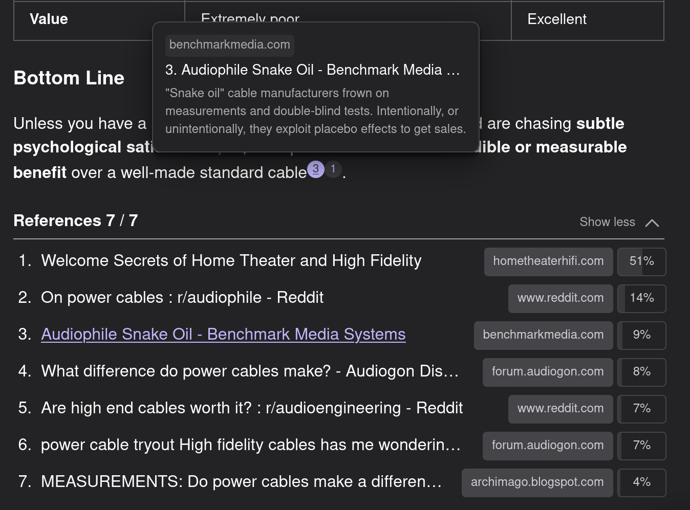Screenshot of Kagi Assistant answer stating expensive audiophile cables are not worth it, with bottom line conclusion and references to scientific evidence from blind testing
