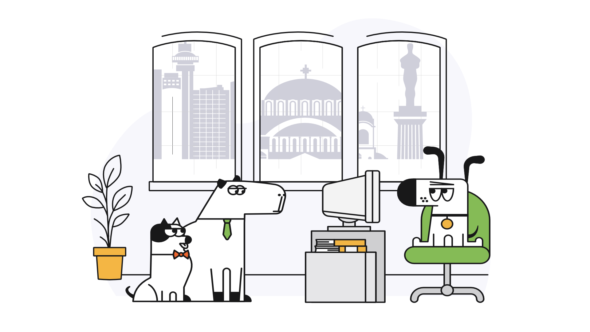 An ilustration of an office room with a Doggo, Cat and Kagibara