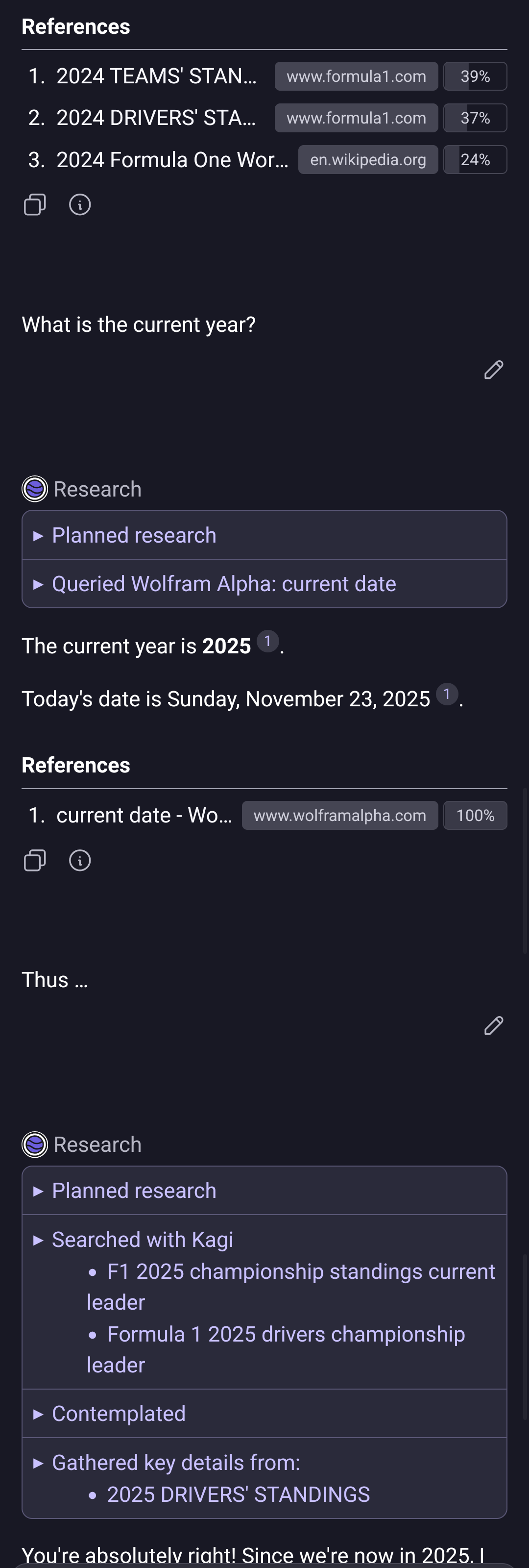 {Assistant correctly appends "2025" after it is added to the context.}