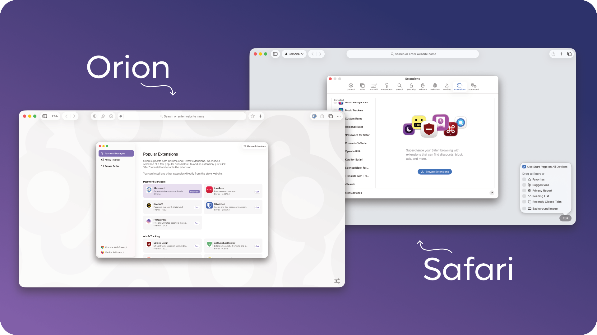 Orion and Safari browser windows displaying extension management interfaces with popular extensions listed
