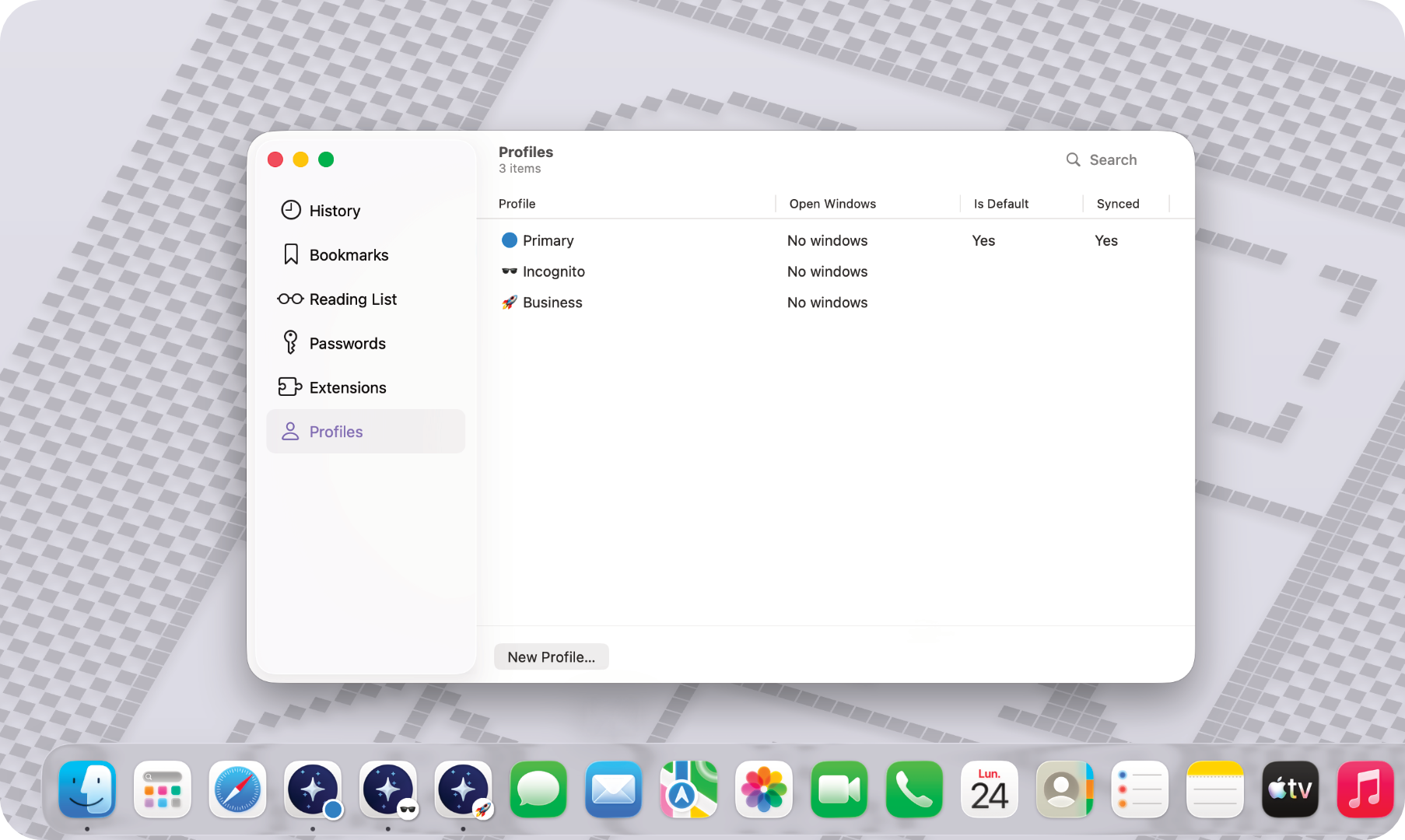 Orion browser Profiles management screen showing Primary, Incognito, and Business profiles with sidebar navigation menu.