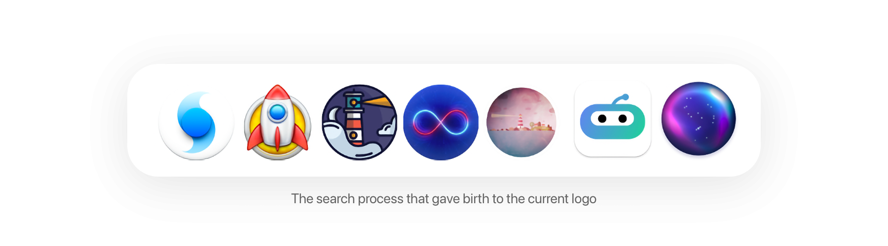 Evolution of logo designs from water droplet through rocket, astronaut, infinity symbol, lighthouse, robot, to final cosmic sphere design.