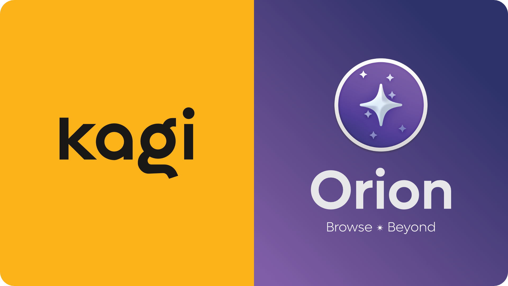 Kagi logo on orange background next to Orion browser logo with star icon and “Browse Beyond” tagline on purple background.