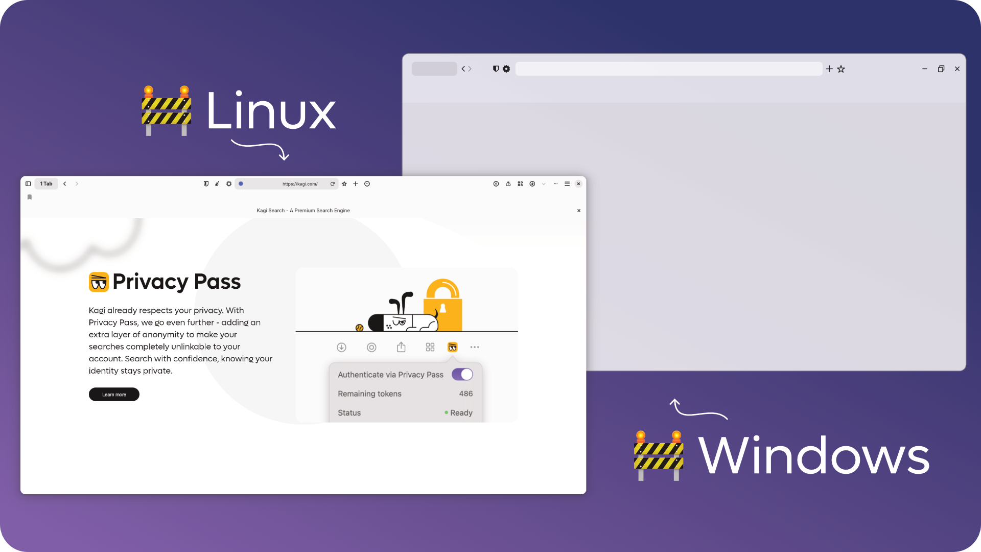 Kagi Privacy Pass feature displayed in Orion browser windows on Linux and Windows operating systems with construction barrier icons.
