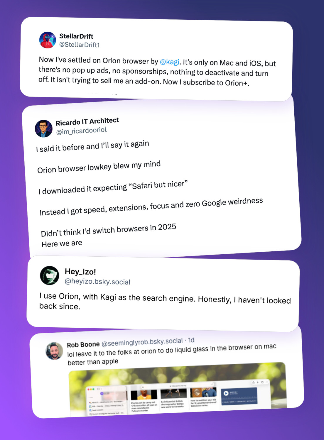 Social media posts praising Orion browser, highlighting its speed, privacy features, extension support, and integration with Kagi search engine.