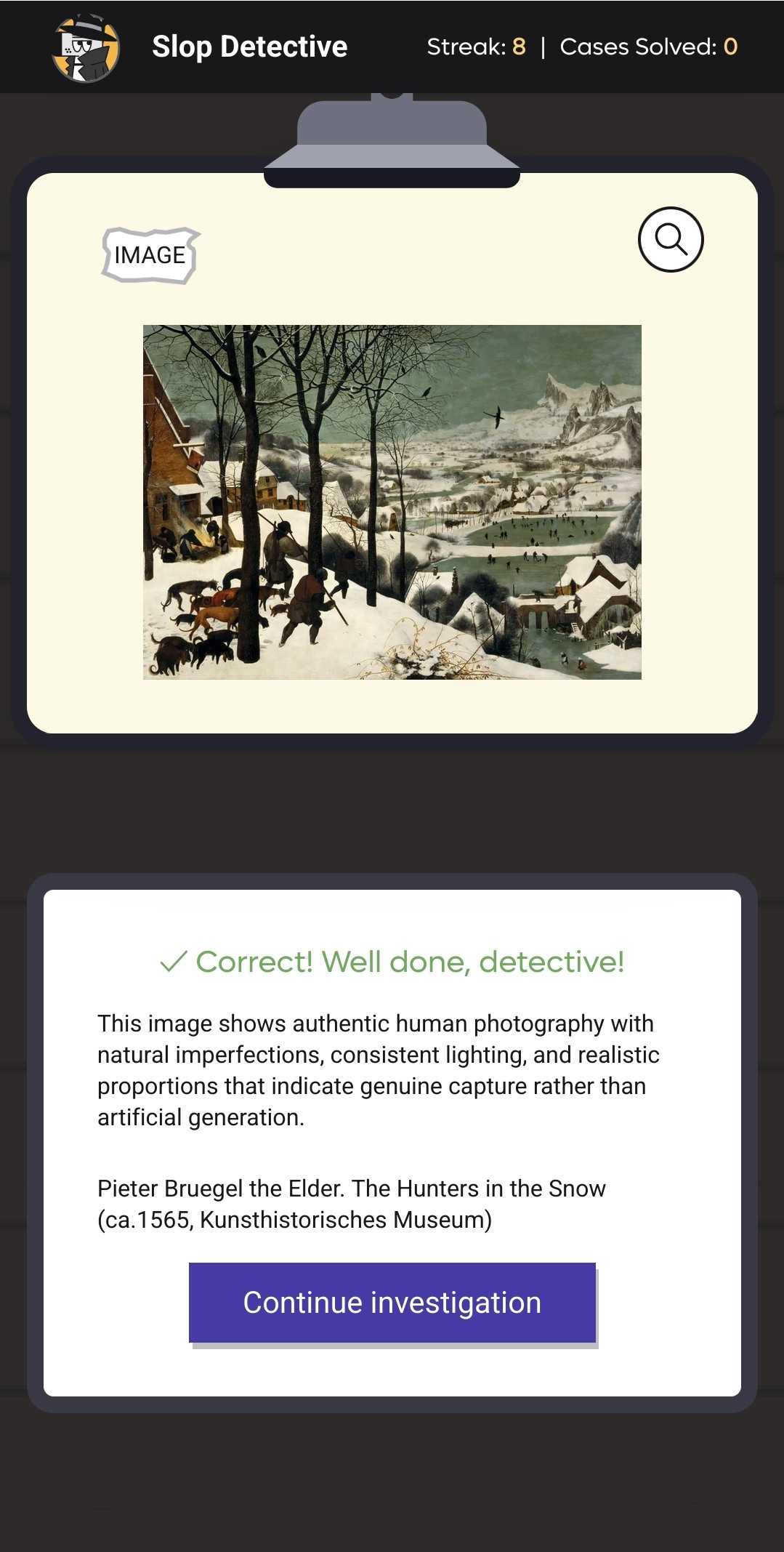 {Slop Detective describes a 1565 painting as a photograph.}