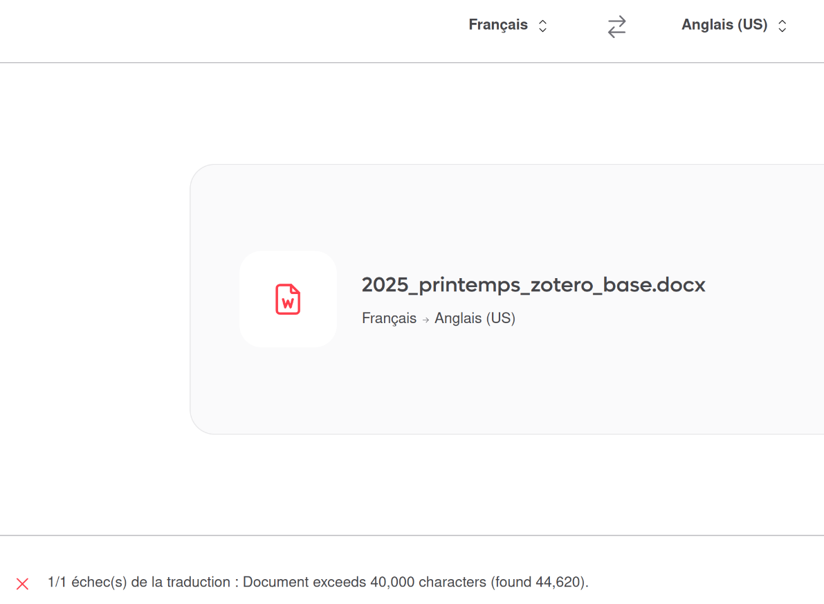 {Screenshot of the error saying that the 40000 character limit has been reach, in French}