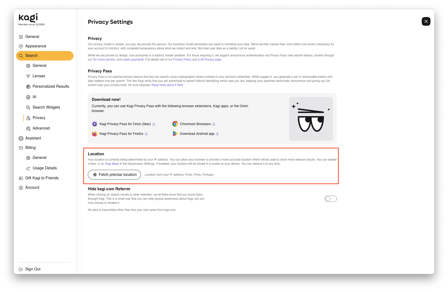 image.png screenshot of the Kagi settings interface with the 'Search' and 'Privacy' tabs selected. A red box highlights the 'Location' section, which contains a description of how location is determined, a 'Fetch precise location' button, and text indicating the current IP-based location