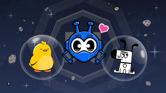 Three illustrated company mascots belonging to Ente, Windscribe and Kagi in
transparent bubbles floating in space. The background features a dark navy
starfield with asteroids, stars, and hexagonal geometric
patterns.