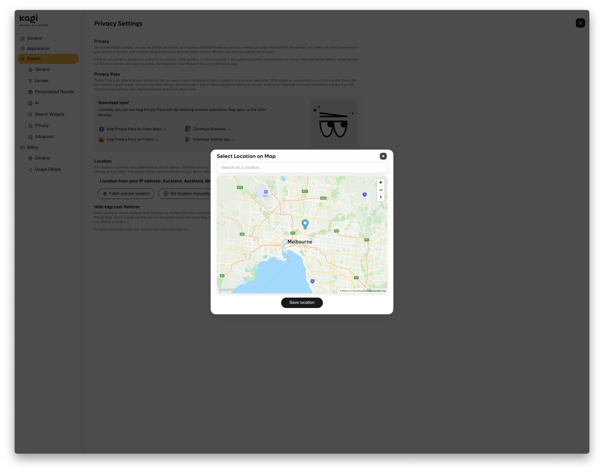 A map interface overlay titled 'Select Location on Map' showing Melbourne
with a blue marker indicating a selected location. . A 'Save location' button
appears at the bottom of the
interface.