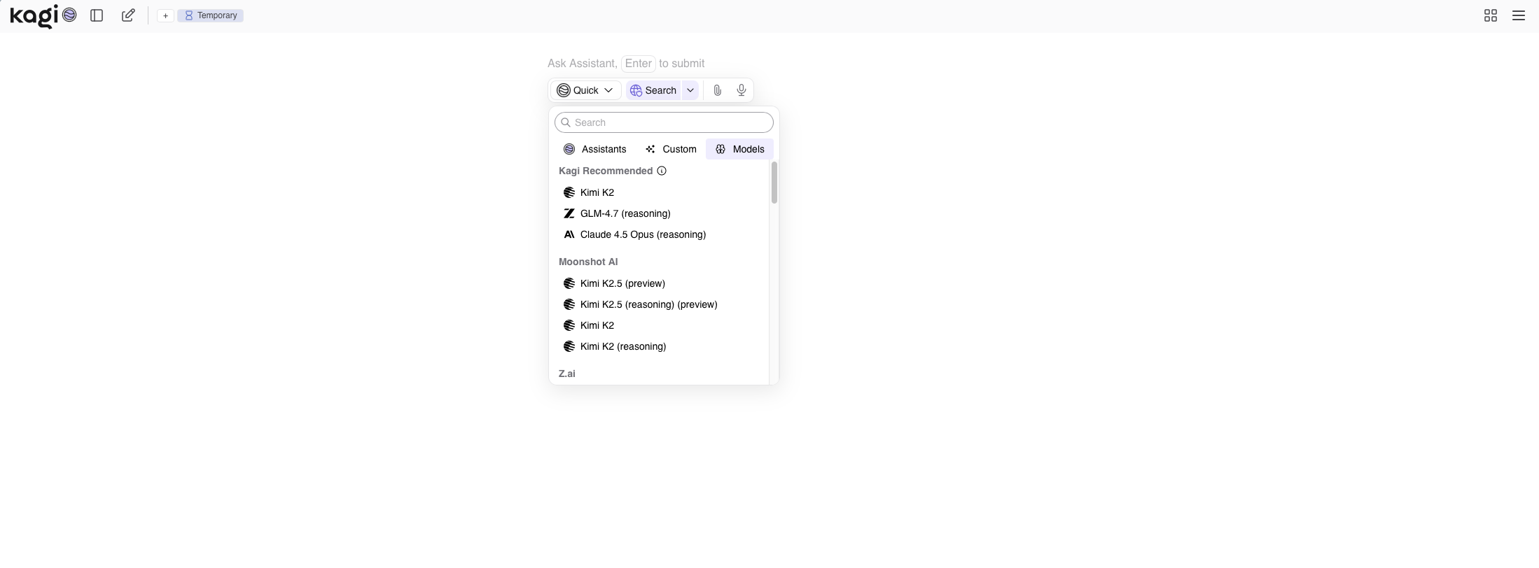 Kagi Assistant showing an open model picker menu with 'Recommended models'
including Kimi K2, GLM-4.7 and Claude 4.5
Opus.