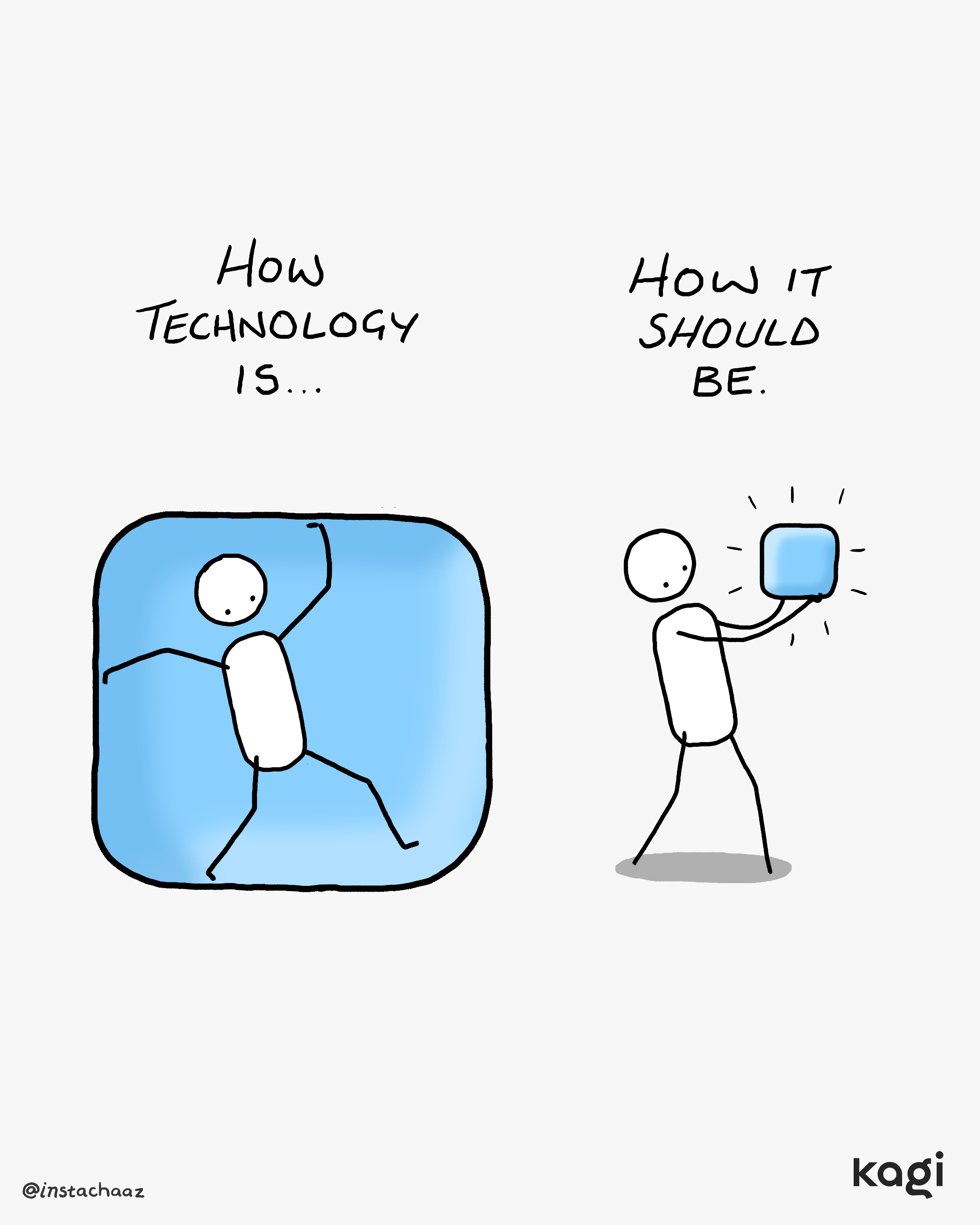 Two-panel comic comparing how technology is versus how it should be. Left
shows a stick figure trapped inside a blue screen, right shows a figure
confidently holding technology as a
tool.