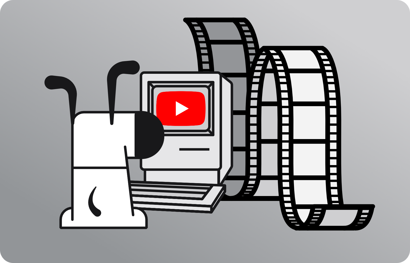 Illustration of a vintage film camera with the YouTube play button logo
displayed on its viewfinder screen, with strips of film reel flowing out from
the camera against a gray background and Kagi's mascot dog viewing the
screen