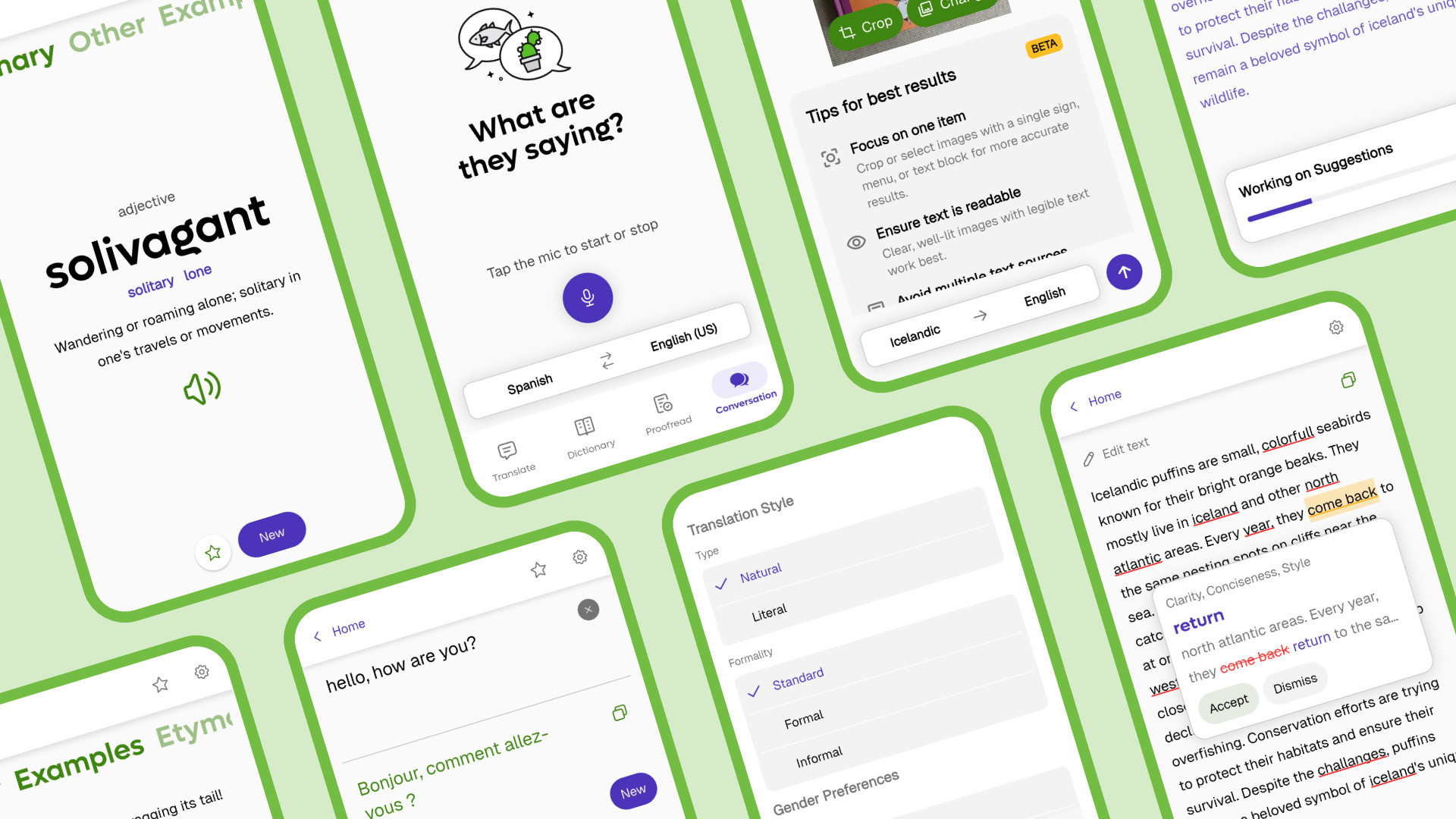 Kagi Translate mobile app interface showing multiple screens including dictionary definitions, voice translation, conversation mode, translation style settings, and text editing features