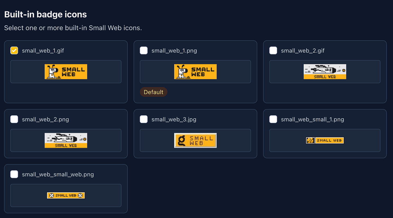 Settings panel for selecting built-in Small Web badge icons, showing seven
pixel-art badge variants in different sizes and styles with selectable
checkboxes.