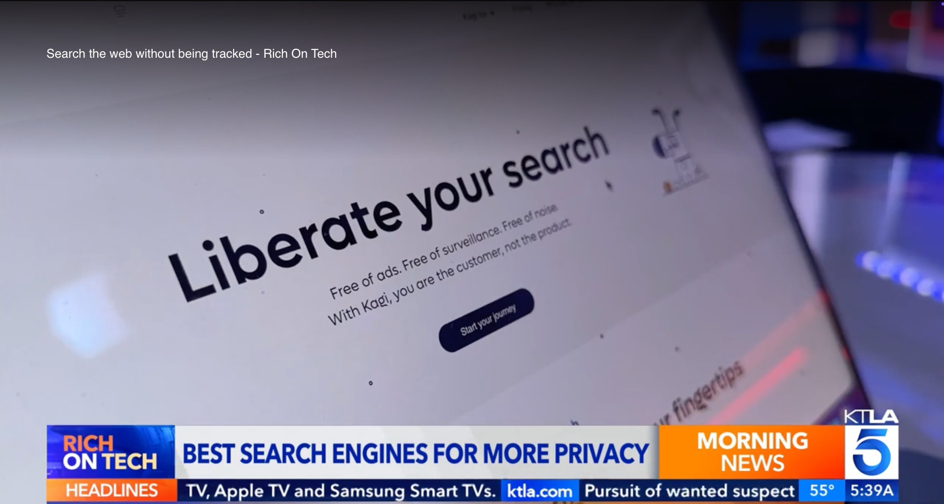 Screenshot of Kagi Search's homepage on the KTLA channel, in a segment by
Rich on
Tech