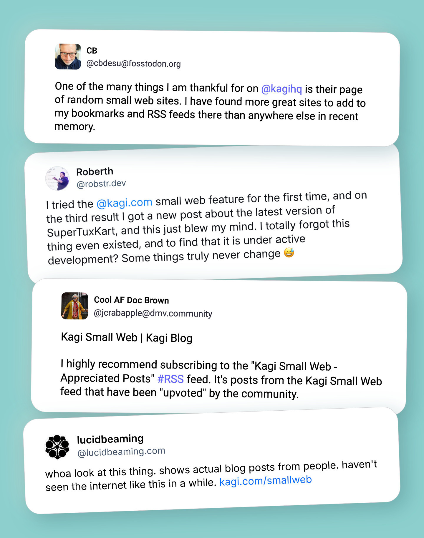 Three social media testimonials on a yellow background praising Kagi's Small Web feature for surfacing interesting independent websites, blogs, and RSS feeds.