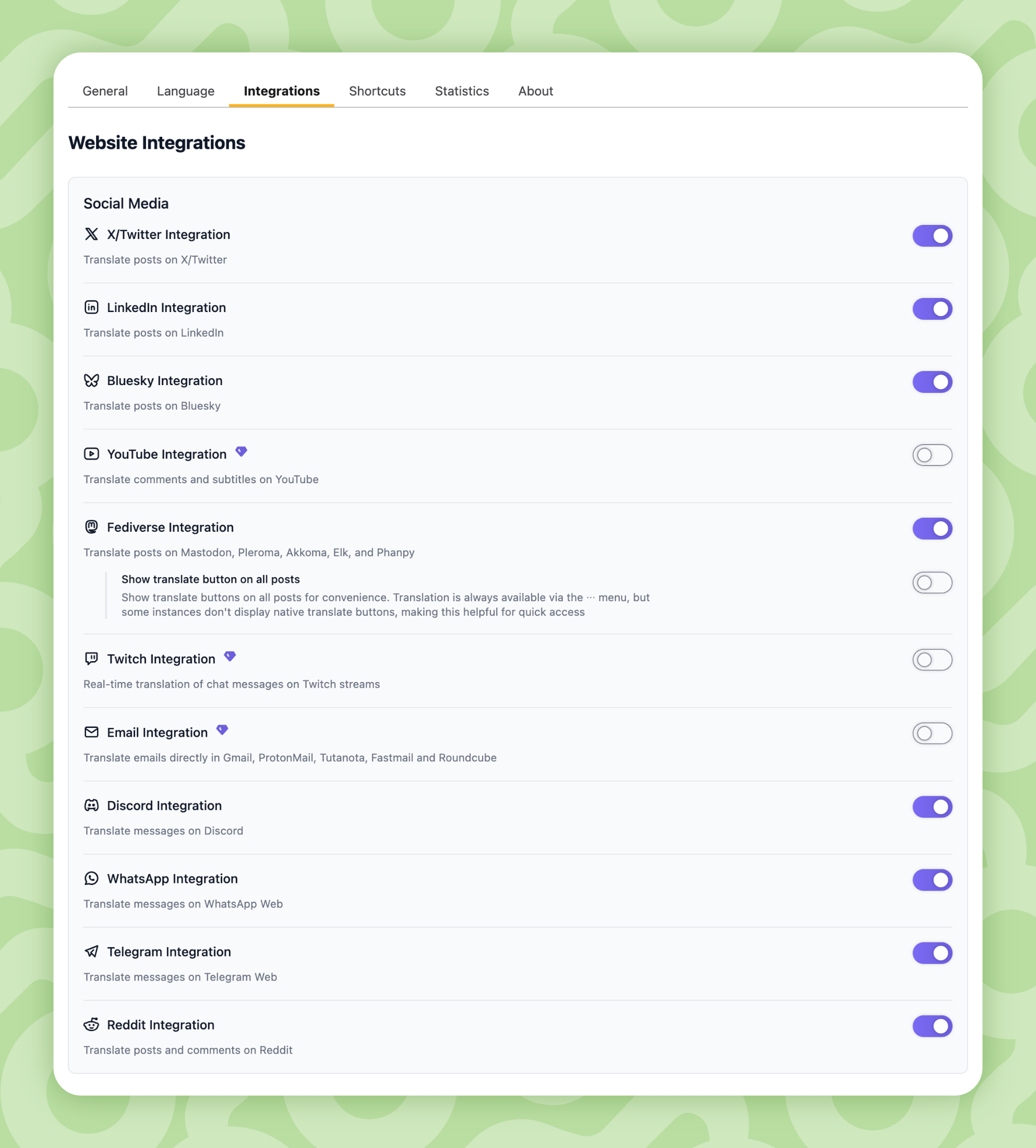 Settings panel for a translation browser extension showing website integrations with toggle switches for social media platforms including X/Twitter, LinkedIn, Bluesky, YouTube, Fediverse, Twitch, Email, Discord, WhatsApp, Telegram, and Reddit.