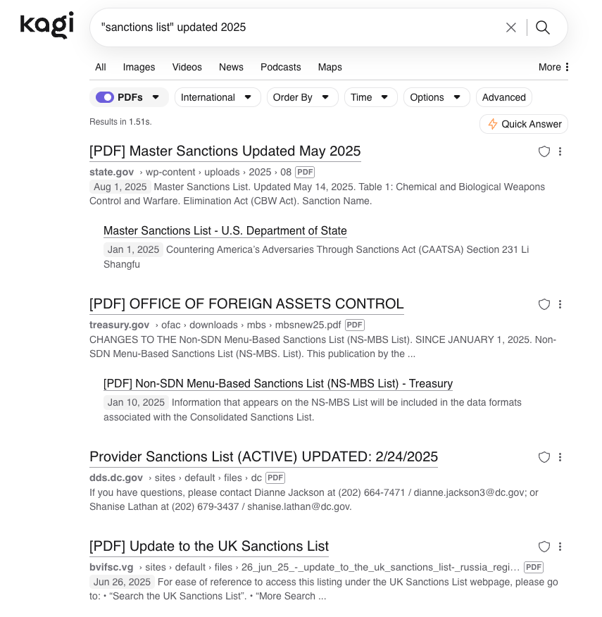 Kagi PDF results for "sanctions list" updated 2025 using Lens feature