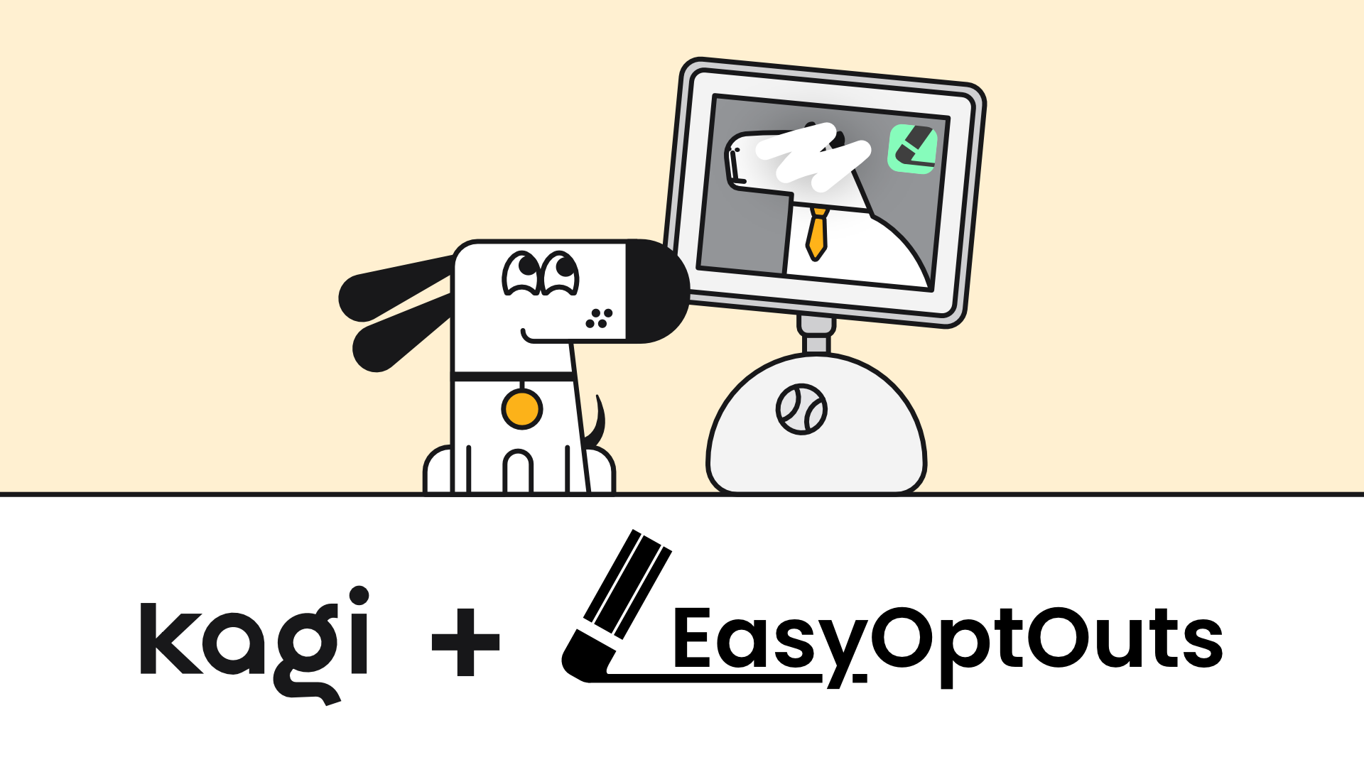 Kagi's dog mascot looking at a monitor displaying Kagibara, another Kagi character with a scratched-out face, with Kagi + EasyOptOuts logos below.