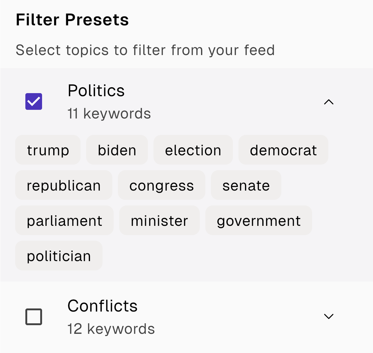 image.png Filter Presets interface for selecting feed topics. Politics section is checked and expanded, showing 11 keywords including trump, biden, election, democrat, republican, congress, senate, parliament, minister, government, and politician. Conflicts section is unchecked and collapsed, showing 12 keywords available