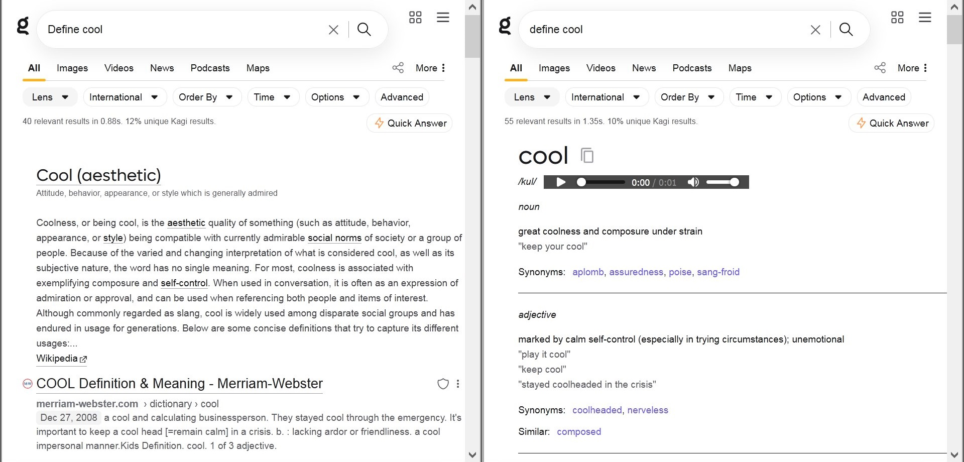 caseandspellingsensitivityforsearchkeywordsissue-kagisearch-20260327.png Screenshot demonstrating case sensitivity of Kagi to search keywords ('Define cool'≠'define cool')