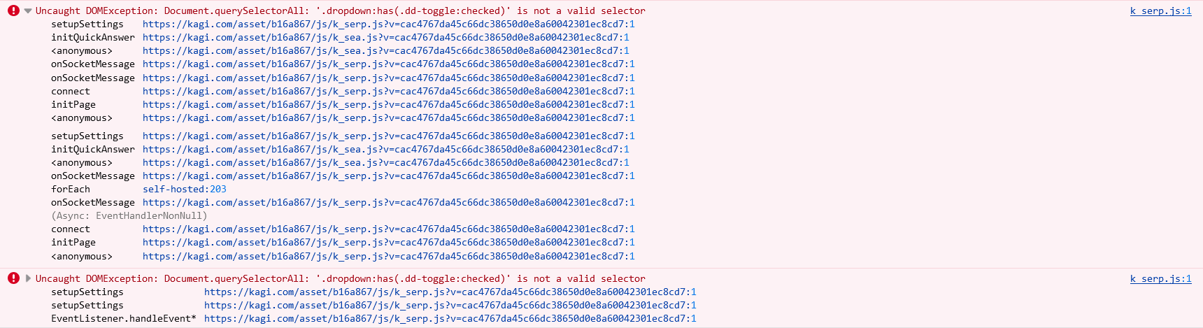 followupquestionhanging-consoleerrors-searchpage-kagiassistant-20260403.png Console errors at Search Results page (initial question)