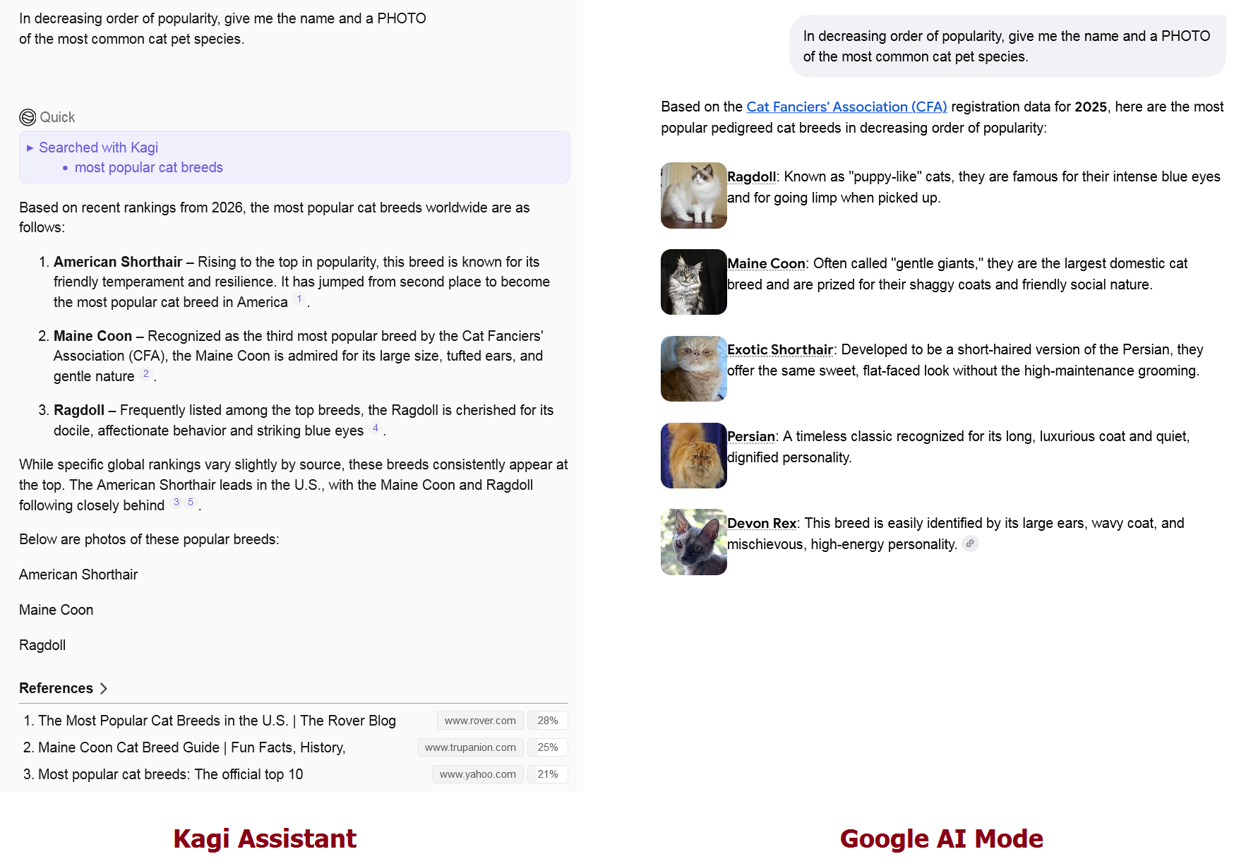 kagivsgoogleairesponsefornamesandphotosofthingscatexample-kagiassistant-20260406.png Example of AI query returning images. Kagi Assistant vs Google AI Mode.