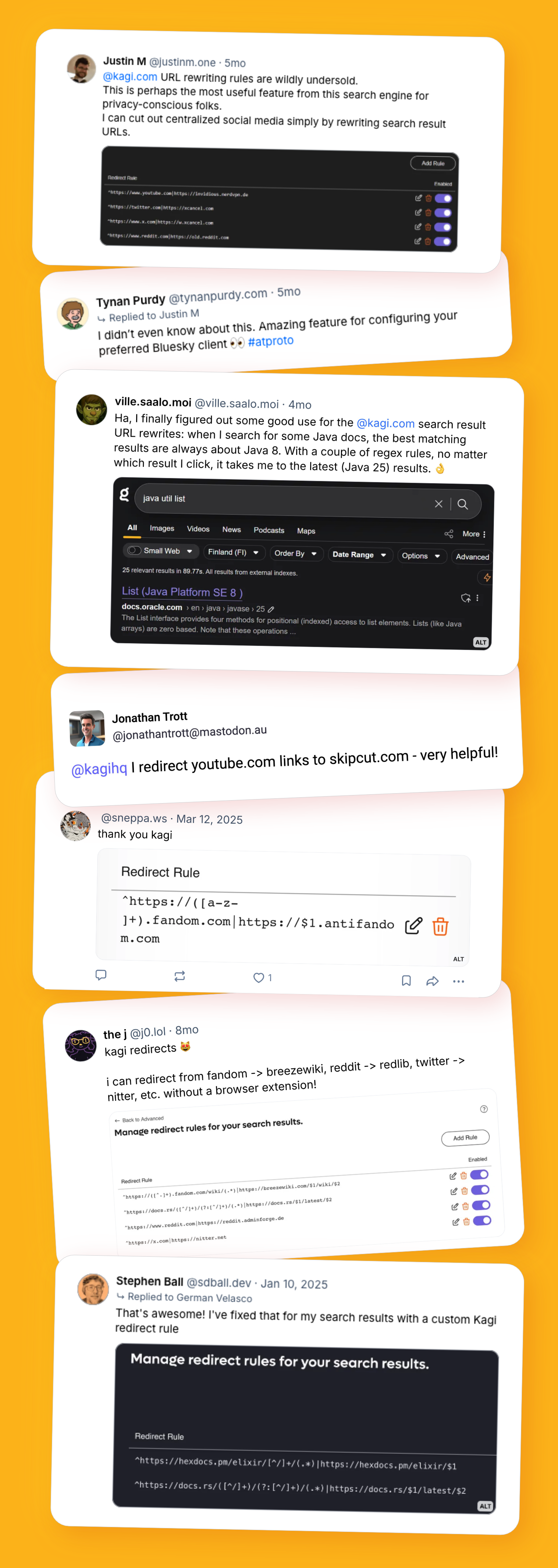 Collage of seven social media posts on a yellow-orange background, featuring users praising Kagi Search's URL redirect rules feature. Users share screenshots and examples of rewriting links to privacy-friendly alternatives like Breezewiki, Redlib, and Nitter, redirecting outdated documentation to current versions, and replacing YouTube and Fandom URLs with preferred alternatives, all without browser extensions.
