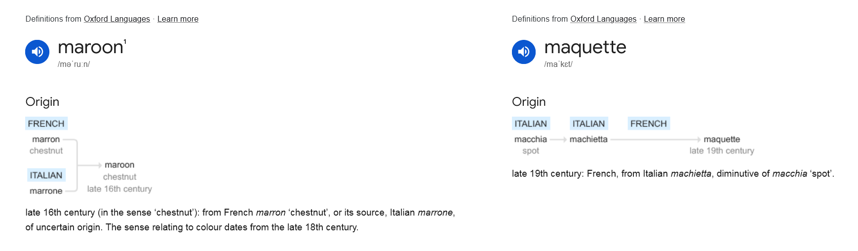 googleetymologygraphsexamples-kagisearch-20260411.png Examples of word origin graphs for 'maroon' and 'maquette'